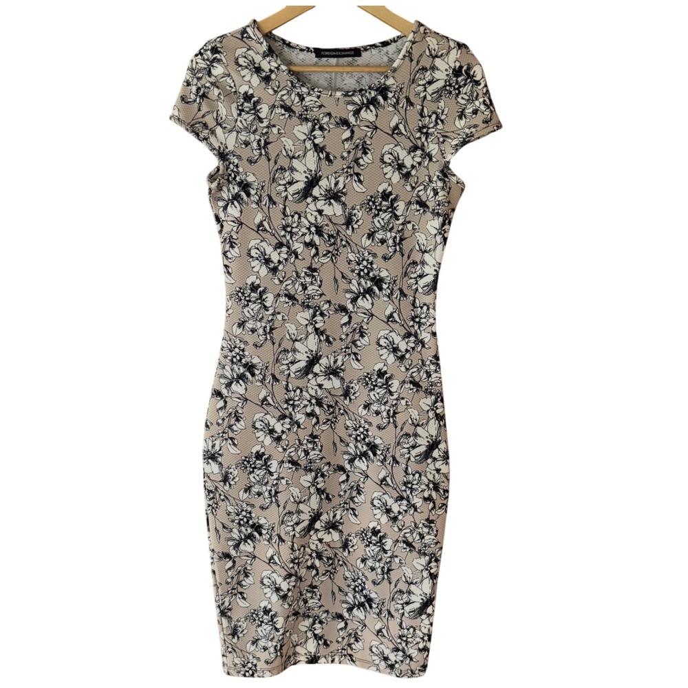 Foreign‎ Exchange Womens Floral Sheath Dress Beige Black Cap Sleeve Bodycon L